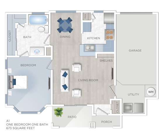 Floor plan for 1 bed, 1 bath, 673 sqft